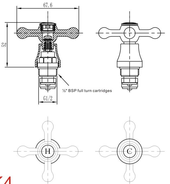 VICTORIAN STYLE CROSS HEADS REPLACEMENT BASIN SINK TAP CONVERSION KIT C/P 1/2" - Image 3