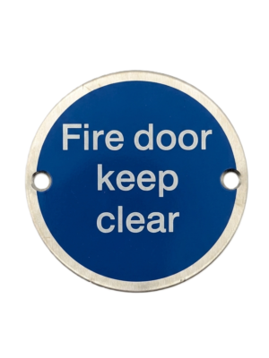 Fire Door Keep Clear 75mm Disc Sign - Stainless Steel Safety Sign - Screw Fixings Included